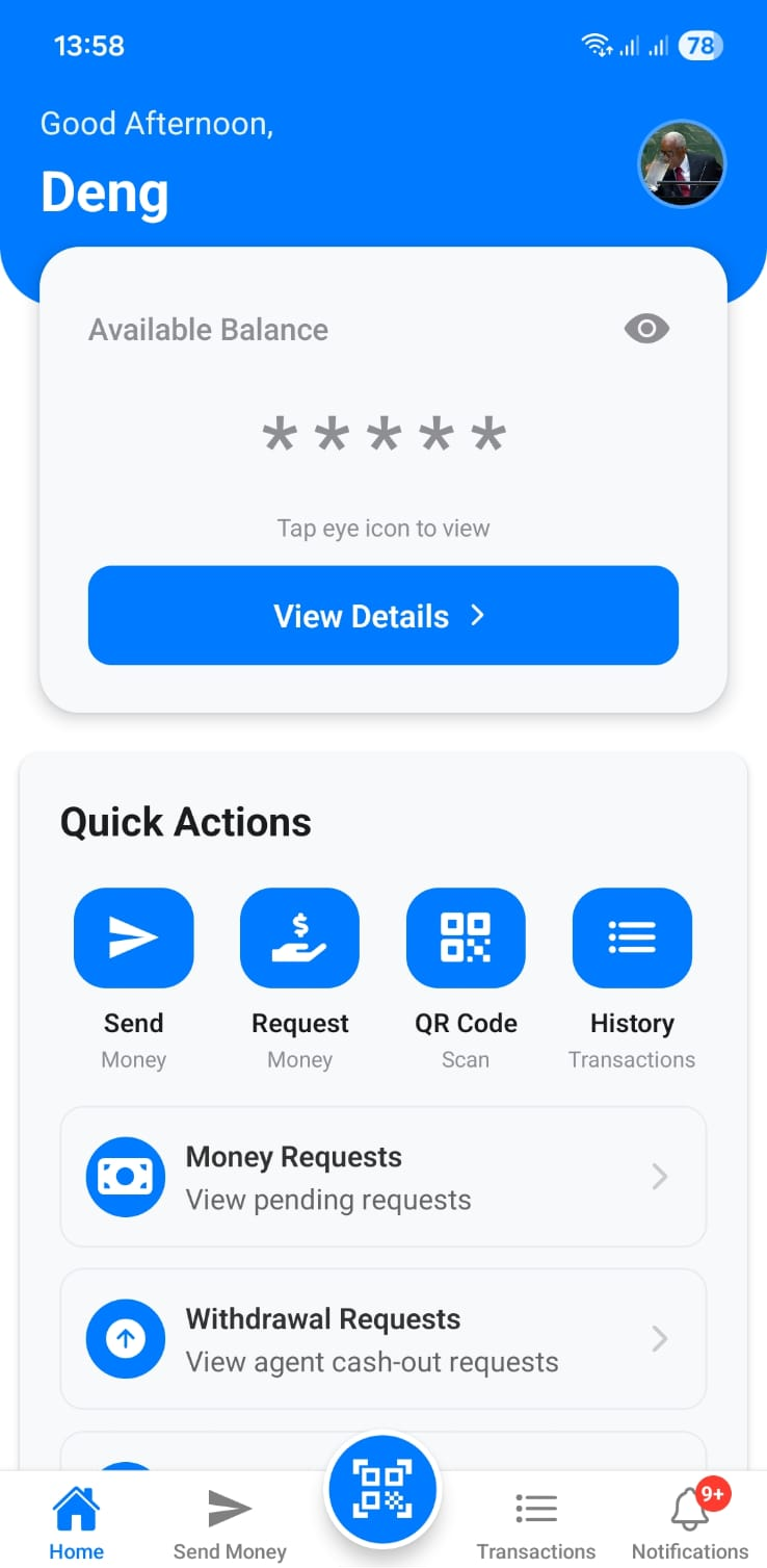 TiimPay app home screen showing the balance card and quick actions: Send, Request, QR Code and History