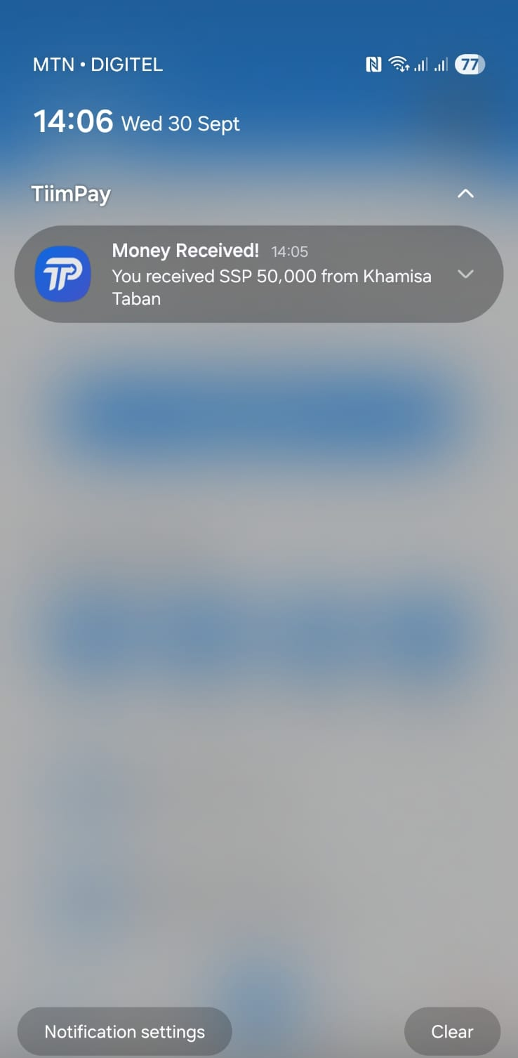 Phone notification from TiimPay: Money Received! You received SSP 50,000