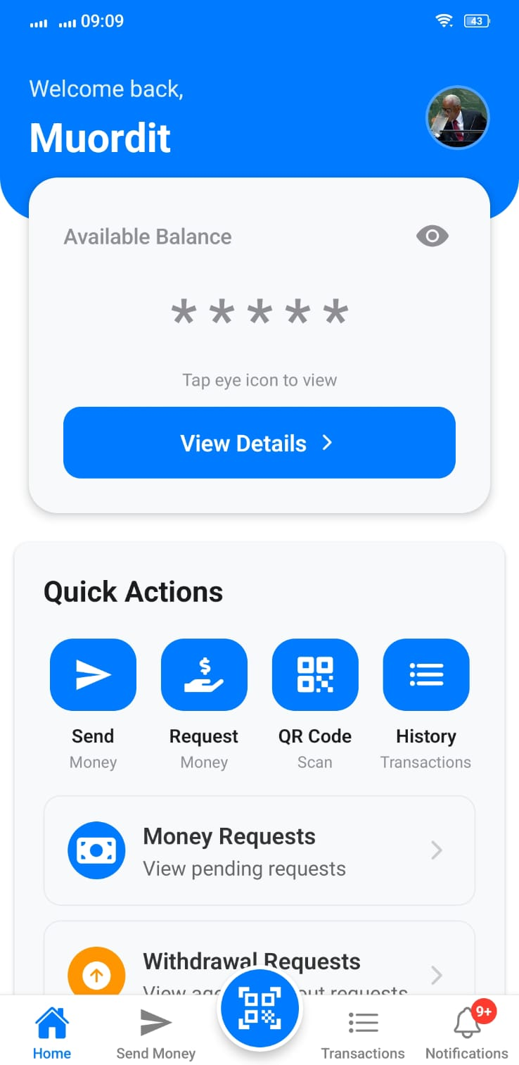 TiimPay home screen with balance and quick actions